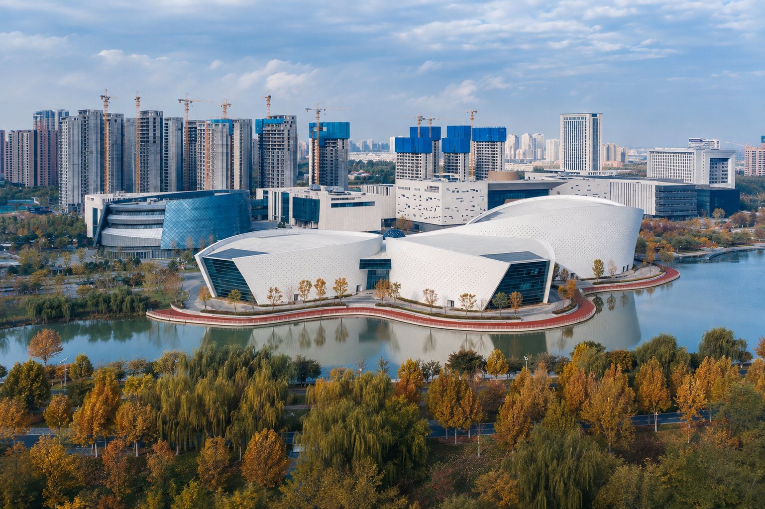 淄博大剧院秋林与城市建筑航拍
