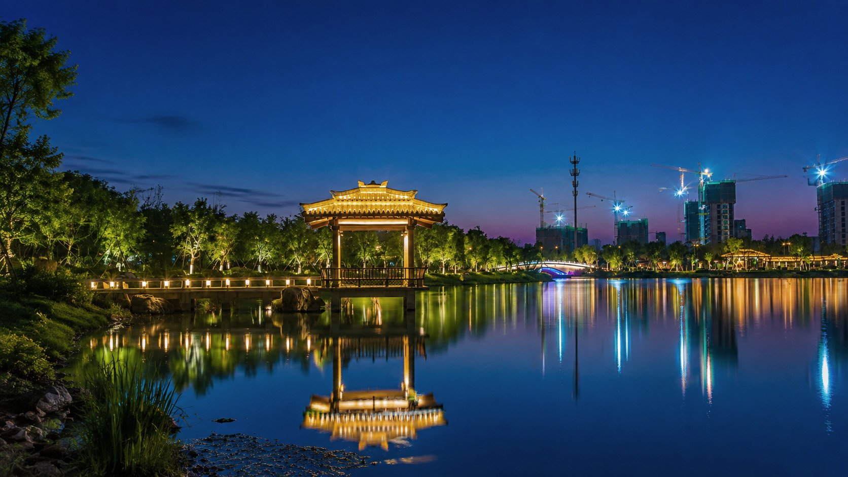 淄博齐盛湖亭廊水景夜景摄影