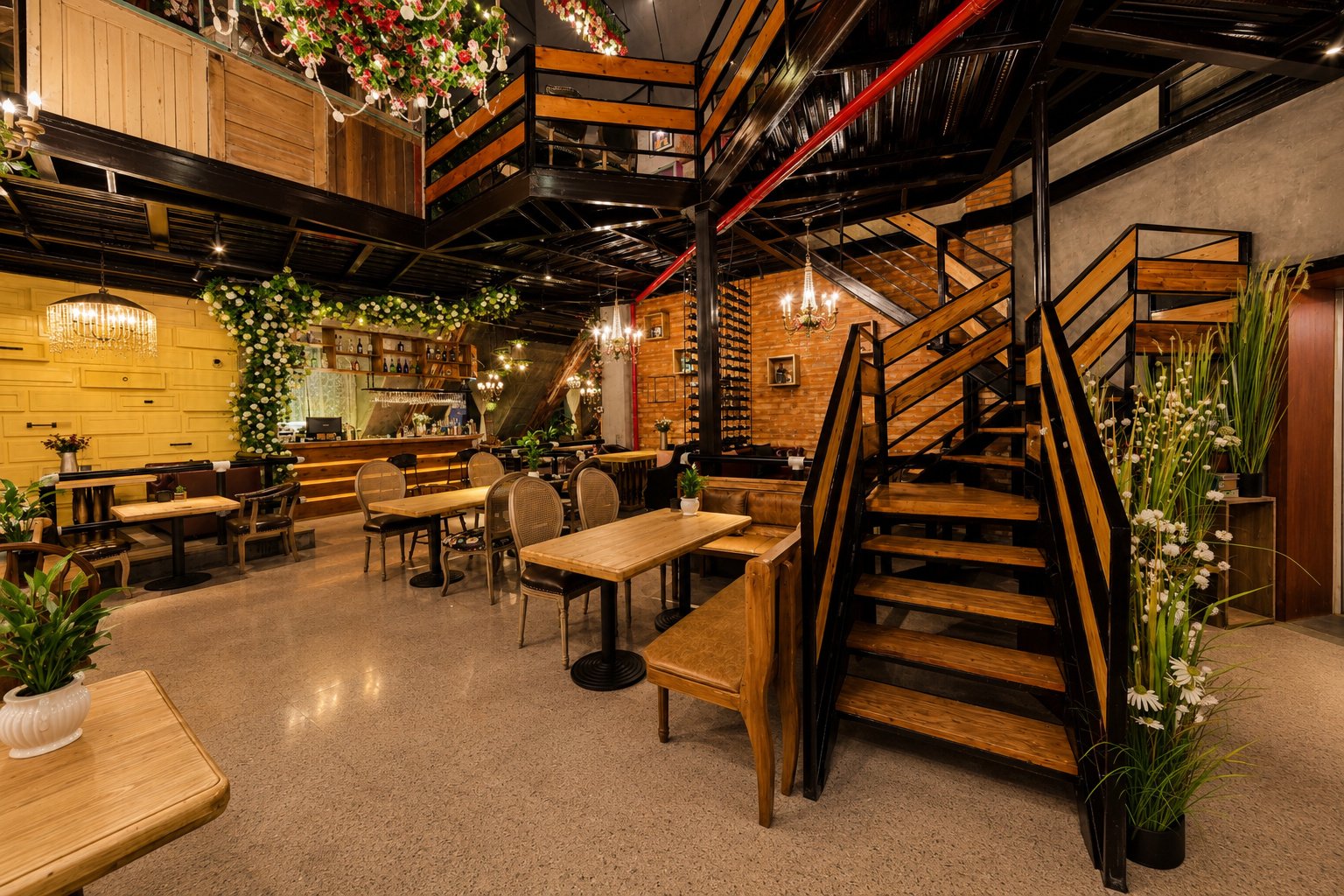 皇后餐厅木结构楼梯与用餐空间摄影