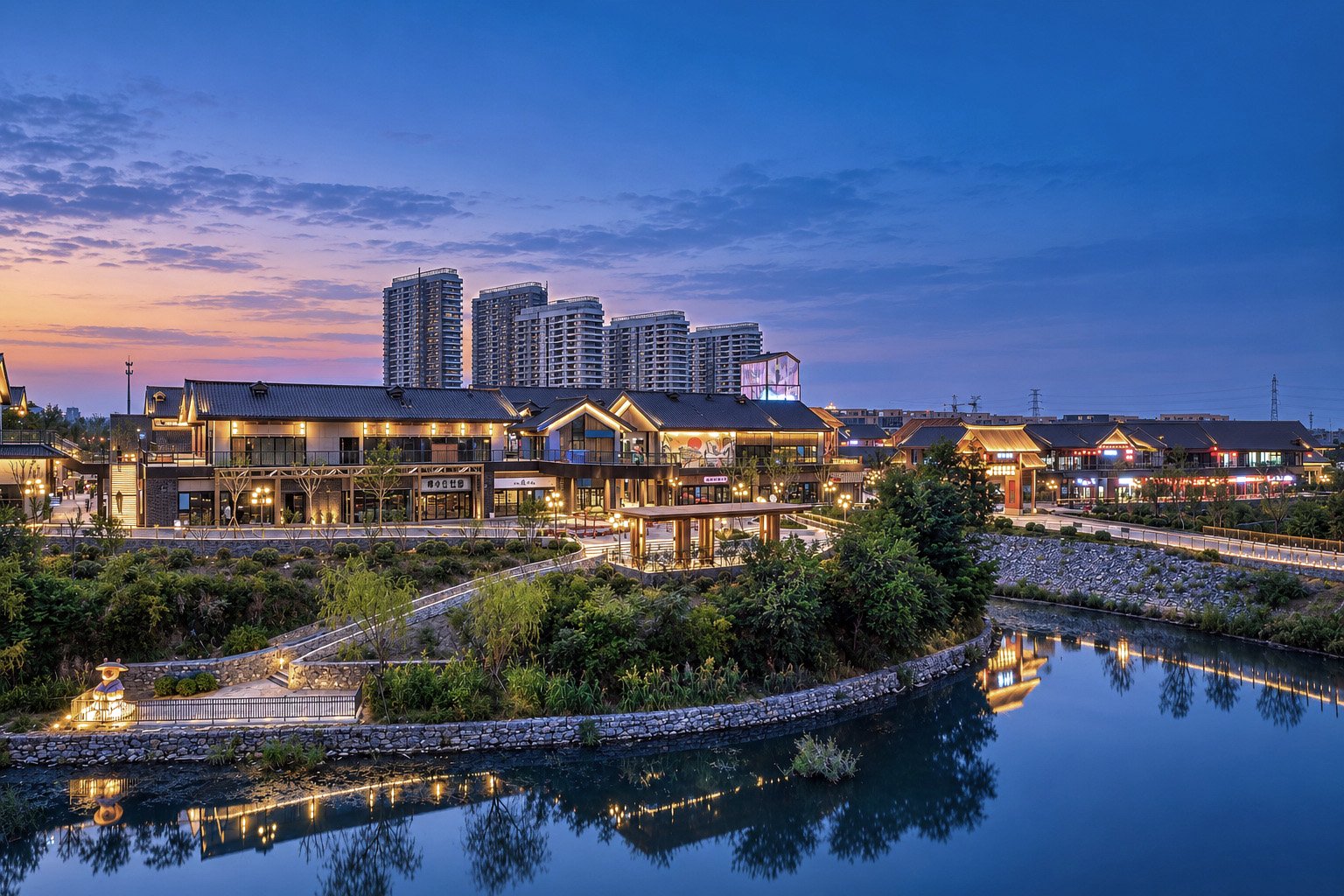 稷下湾临水商业街蓝调时刻建筑夜景-淄博商业街摄影