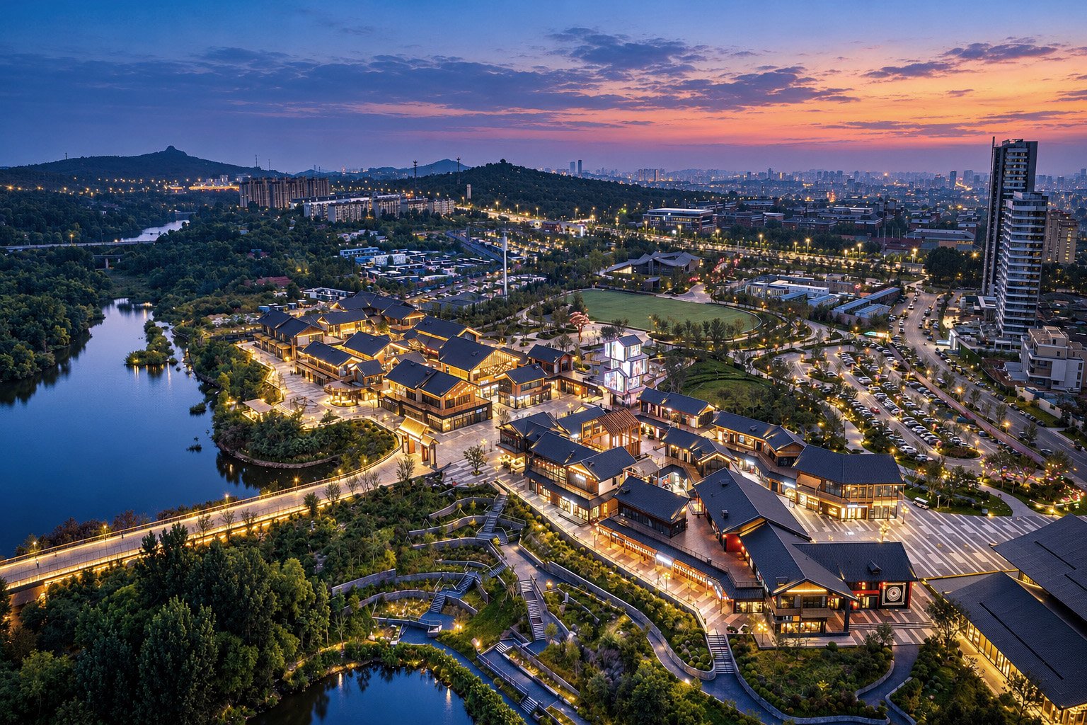 华侨城欢乐山川稷下湾齐文化商业街蓝调夜景航拍全景-淄博商业建筑摄影