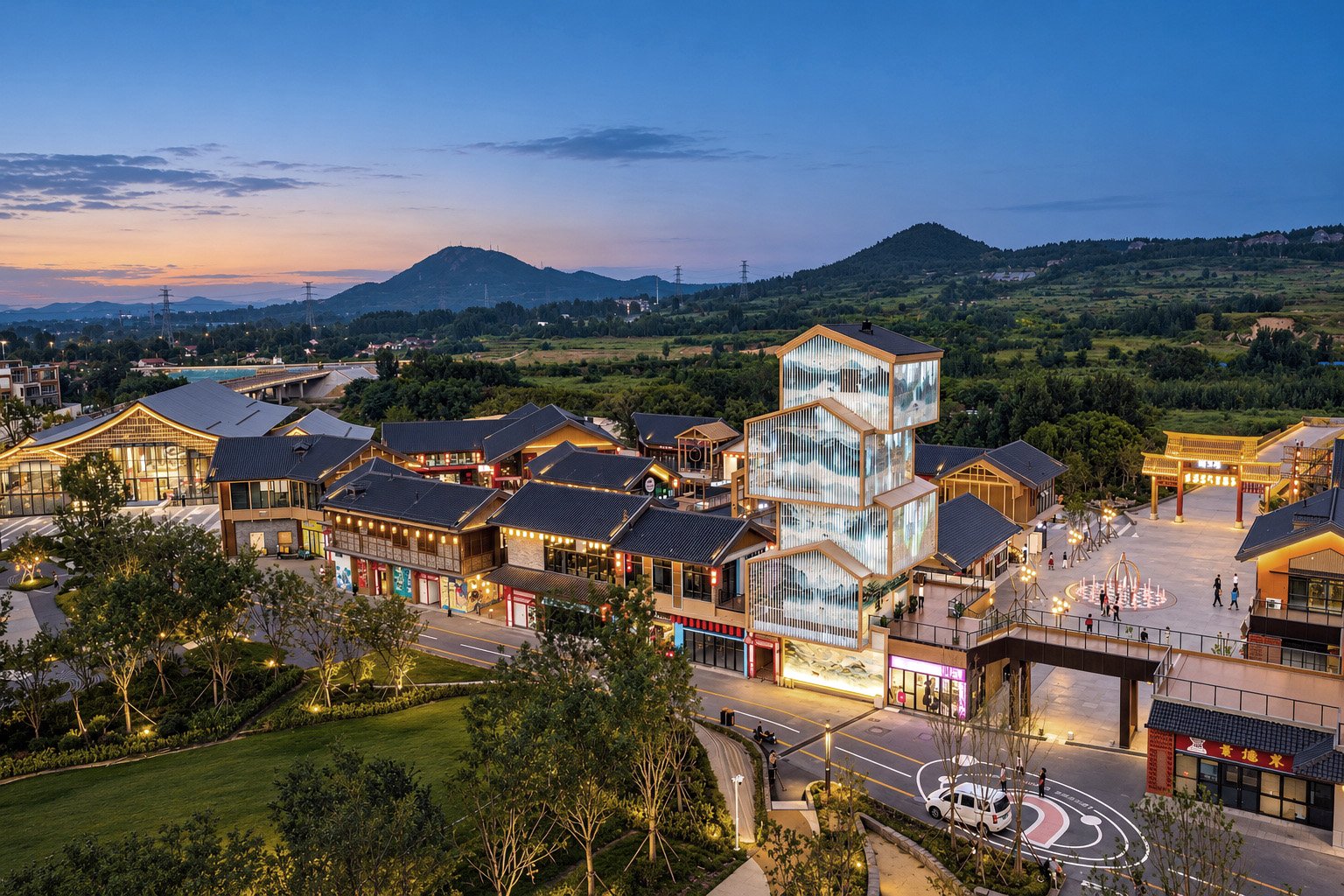 稷下湾齐文化商业街与远山环境蓝调航拍-淄博文旅建筑摄影