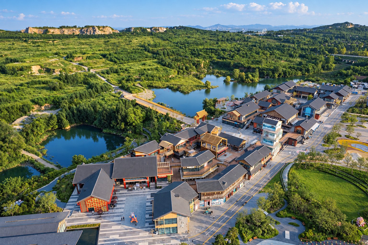 华侨城欢乐山川稷下湾齐文化商业街日景航拍全貌-淄博航拍
