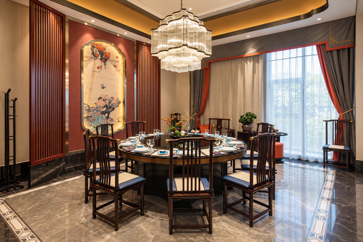 鹏成海鲜城市宴会厅中式餐饮包间摄影