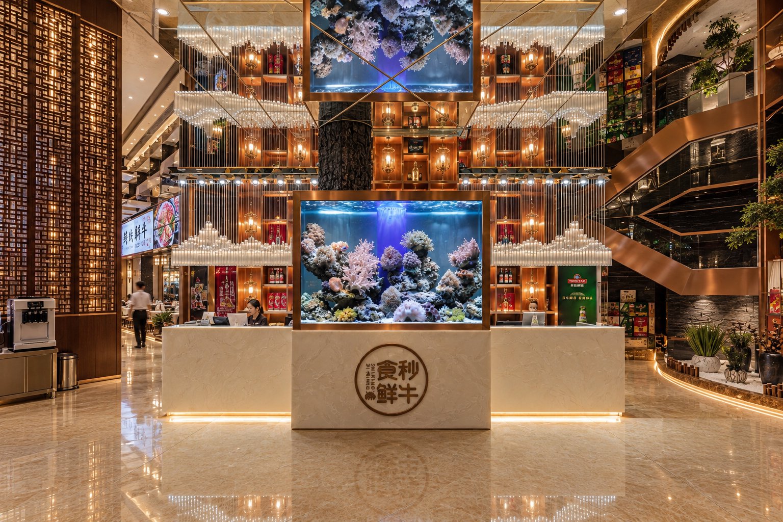 滨州食秒鲜牛餐厅前厅水族展示空间摄影