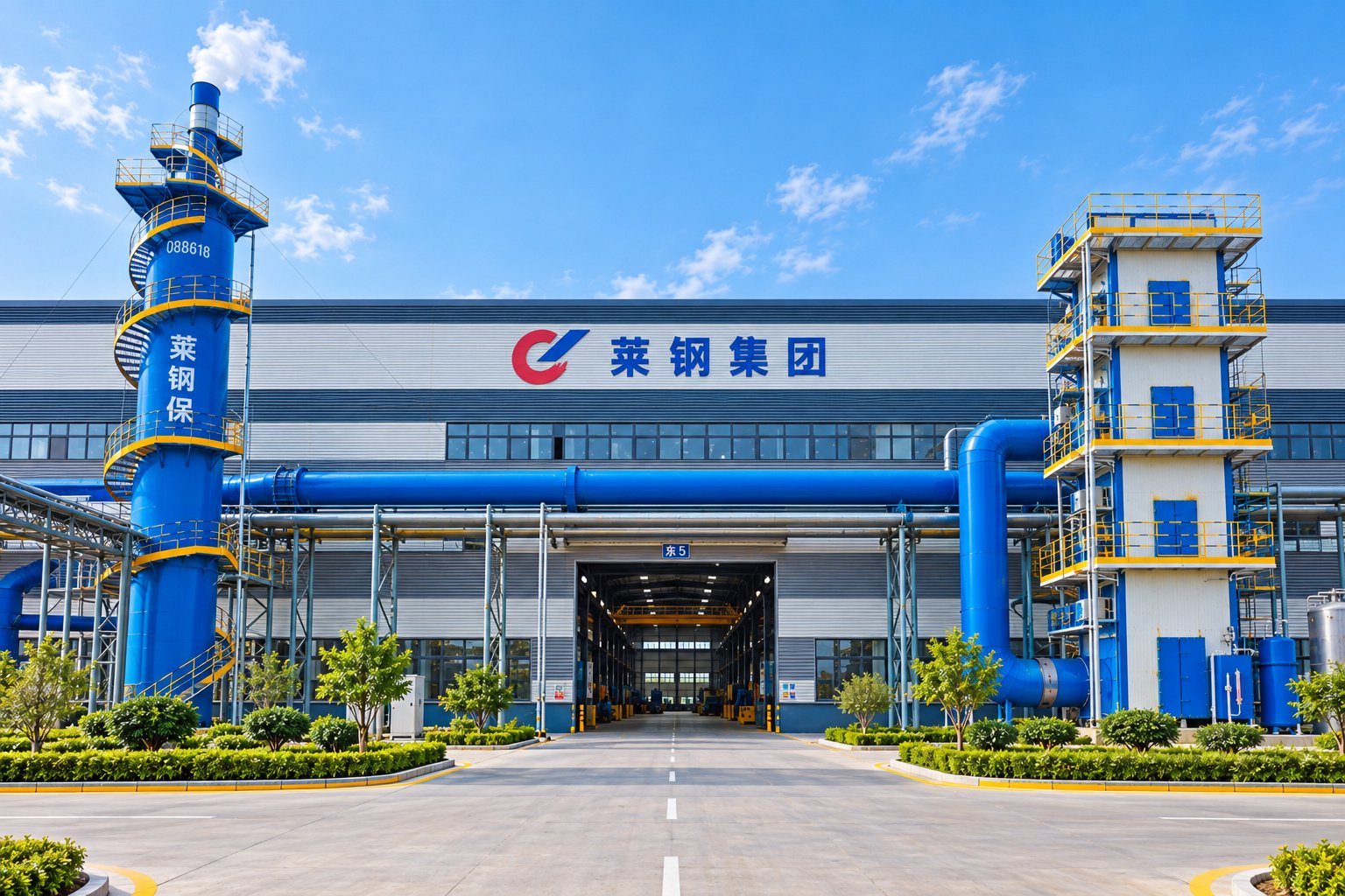 工业建筑正立面与环保设施整体摄影