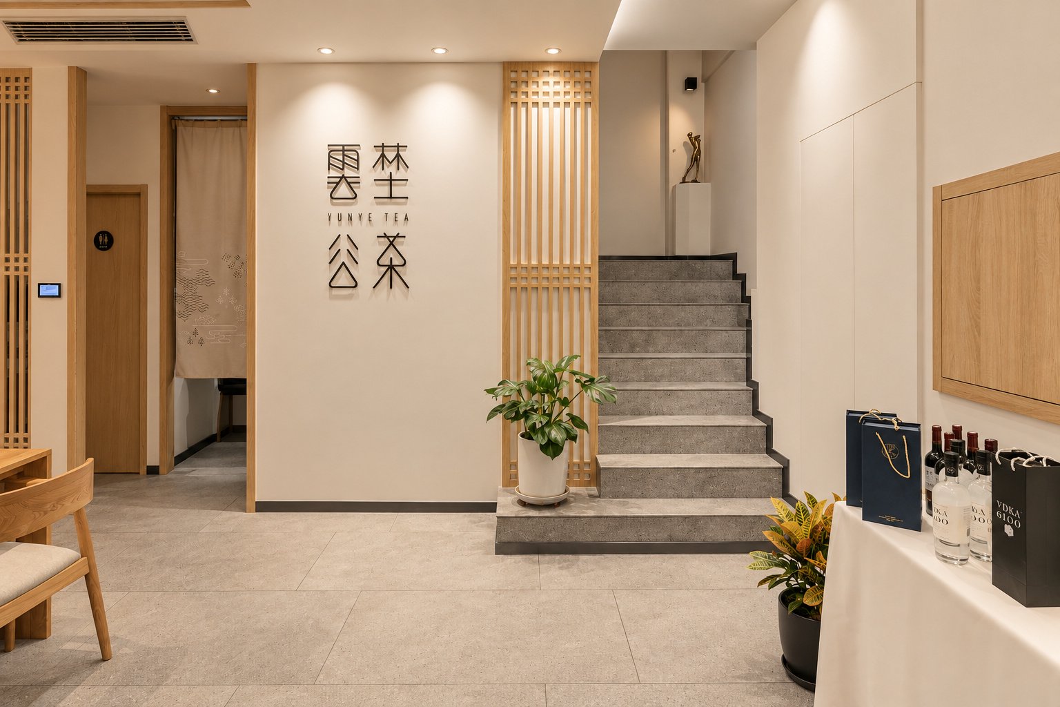 云谷林茶品牌墙与入口楼梯空间-茶叶专卖店摄影
