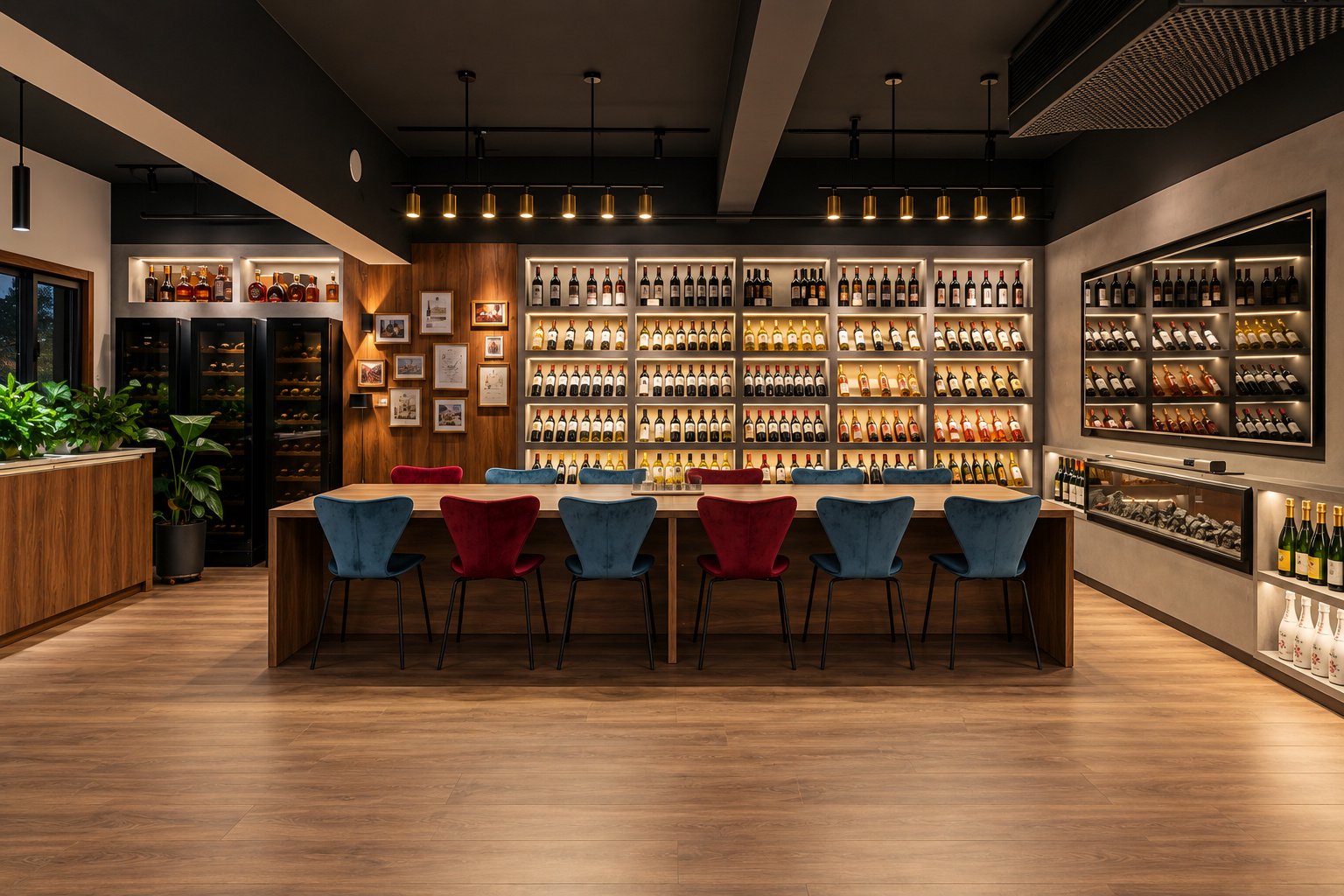 云谷林茶红酒展示墙与品鉴长桌-会所空间摄影