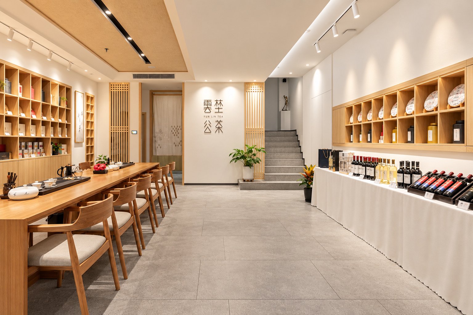 茶叶展示、品饮长桌与品牌空间之间的整体关系