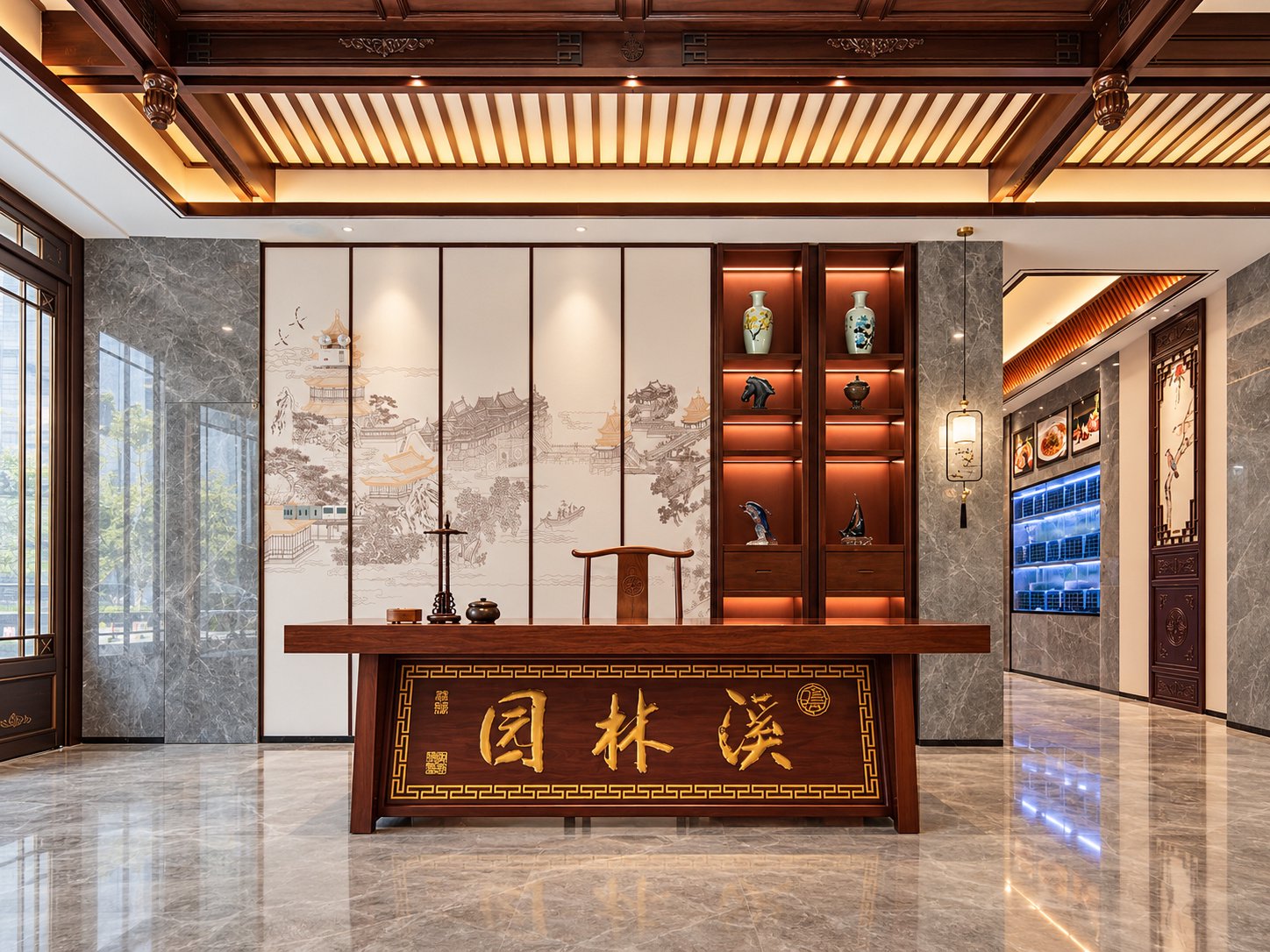 淄博溪林园大酒店新中式接待会客空间摄影