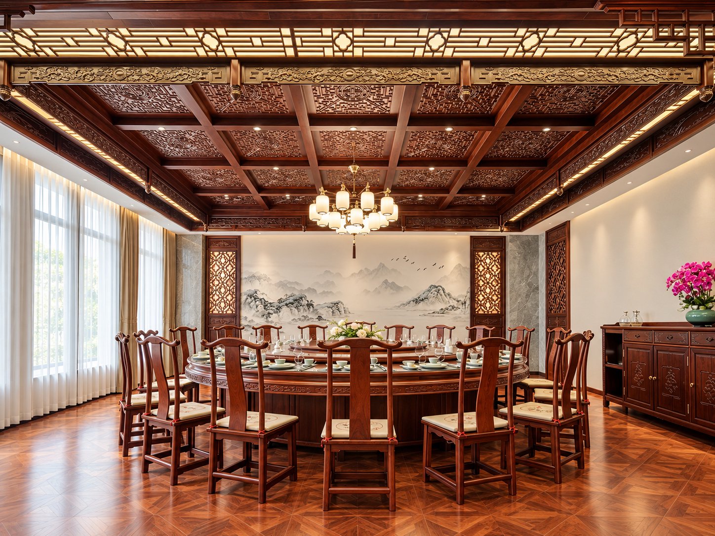 溪林园大酒店高端中式餐饮包间圆桌空间摄影