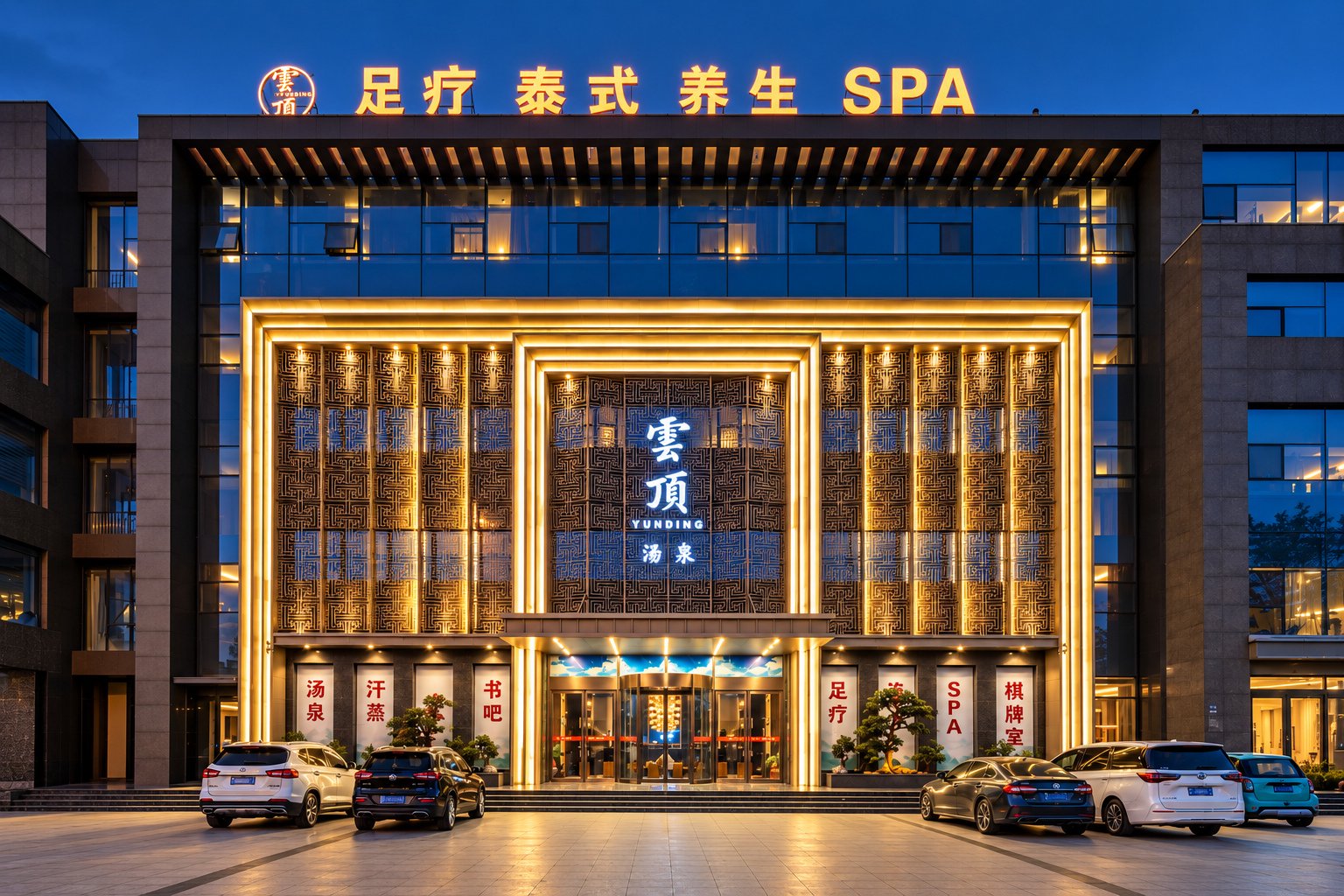 东营云顶汤泉建筑外立面蓝调夜景-山东SPA商业建筑摄影