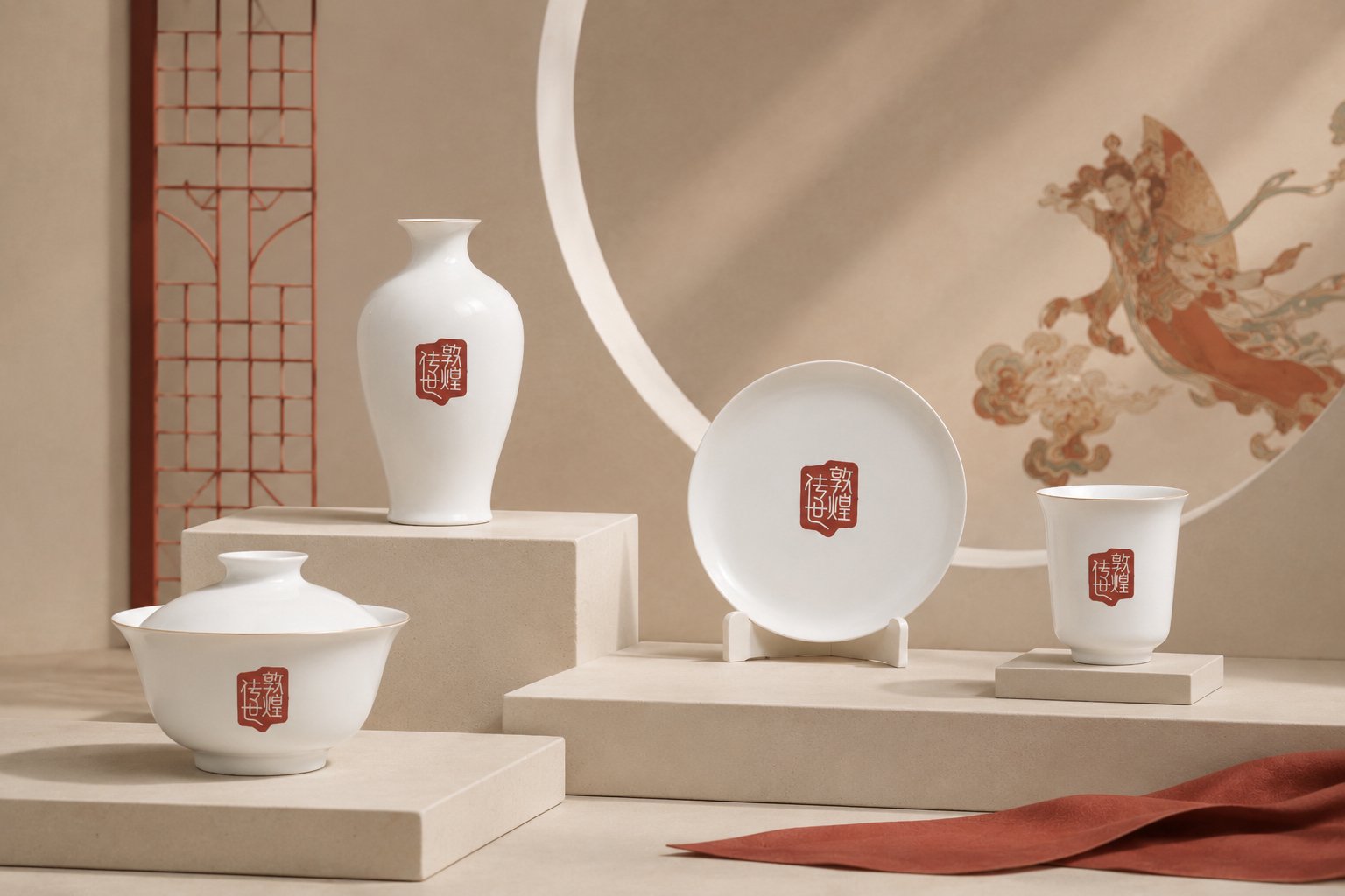 华光国瓷敦煌传世系列瓷器Logo应用与器物视觉展示