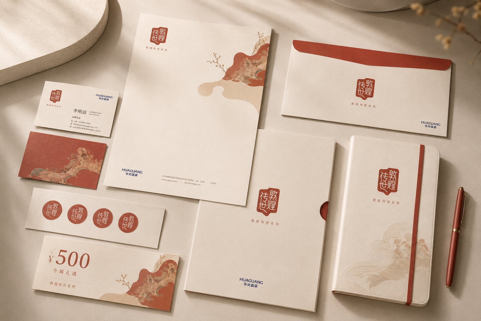 华光国瓷敦煌传世系列VI办公用品与礼品券视觉设计