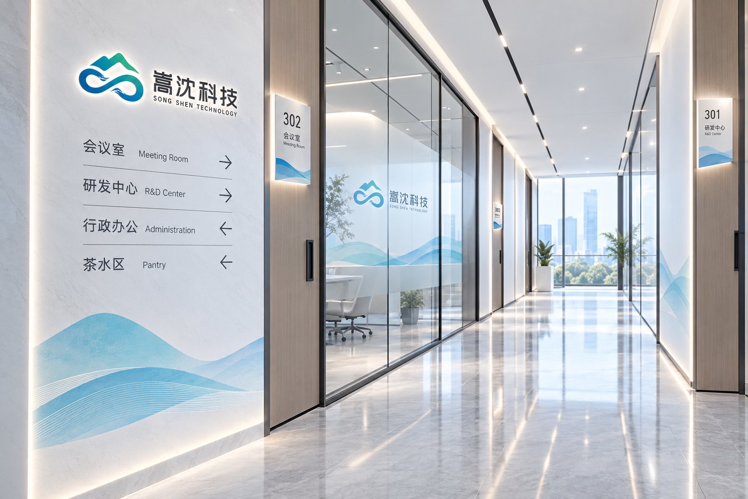 上海嵩沈科技室内导视VI设计,会议室与研发中心方向标识