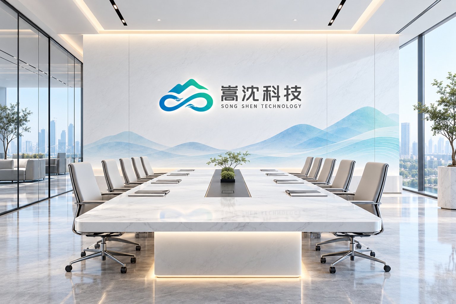 上海嵩沈科技会议室VI应用,品牌标志与山水辅助图形