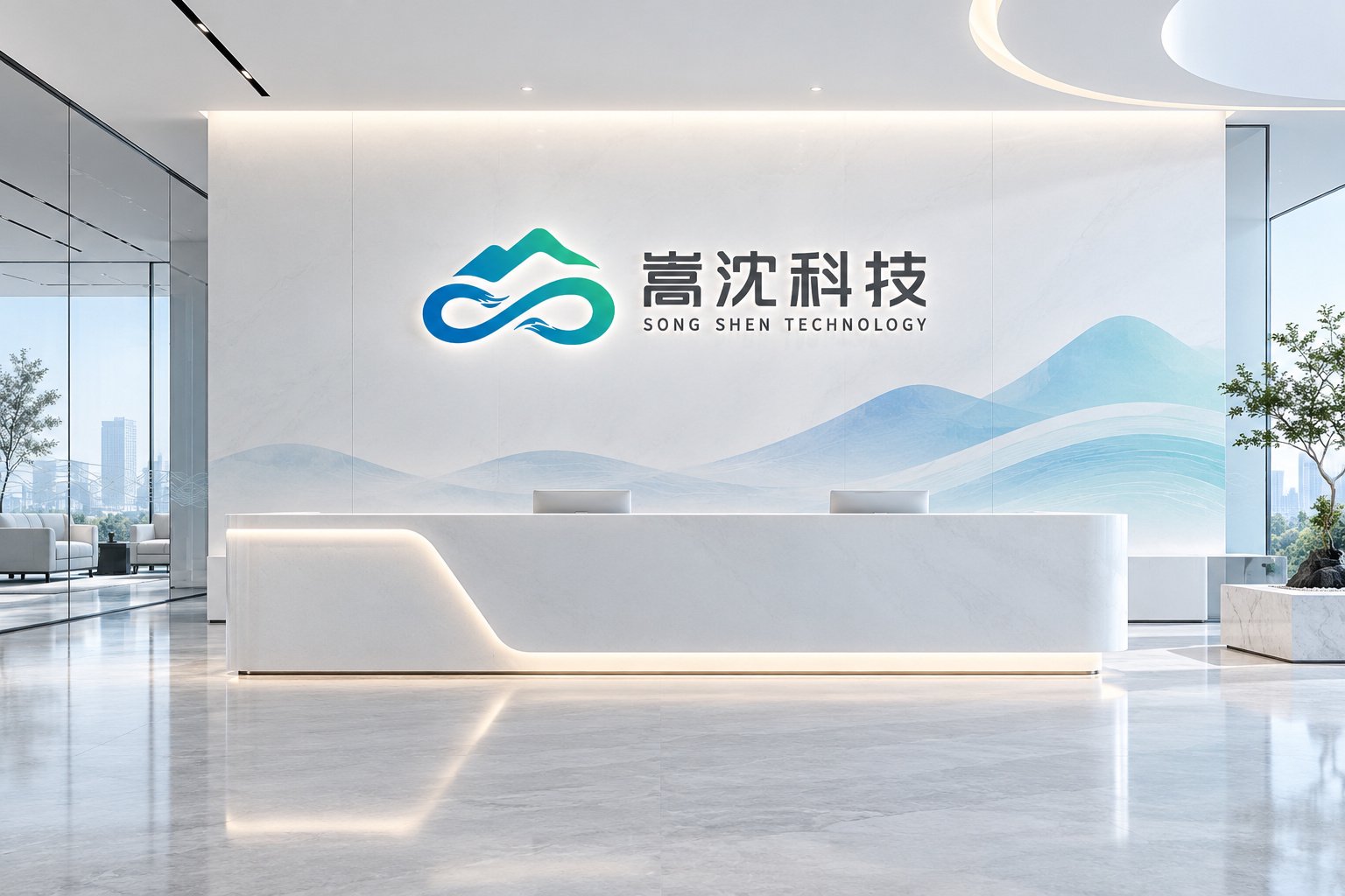 上海嵩沈科技办公空间VI设计,企业前台品牌形象墙
