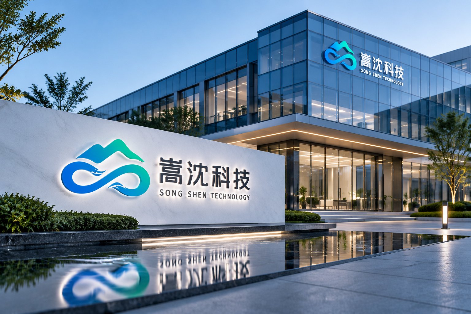 上海嵩沈科技品牌VI设计,企业建筑外立面与品牌标志