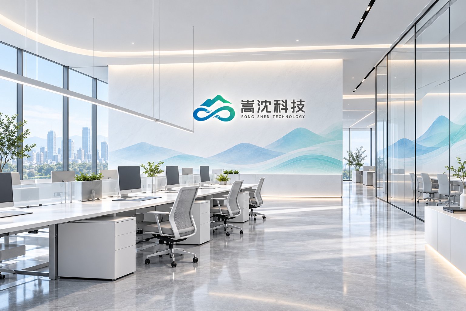上海嵩沈科技办公环境VI设计,开放式办公空间视觉延展