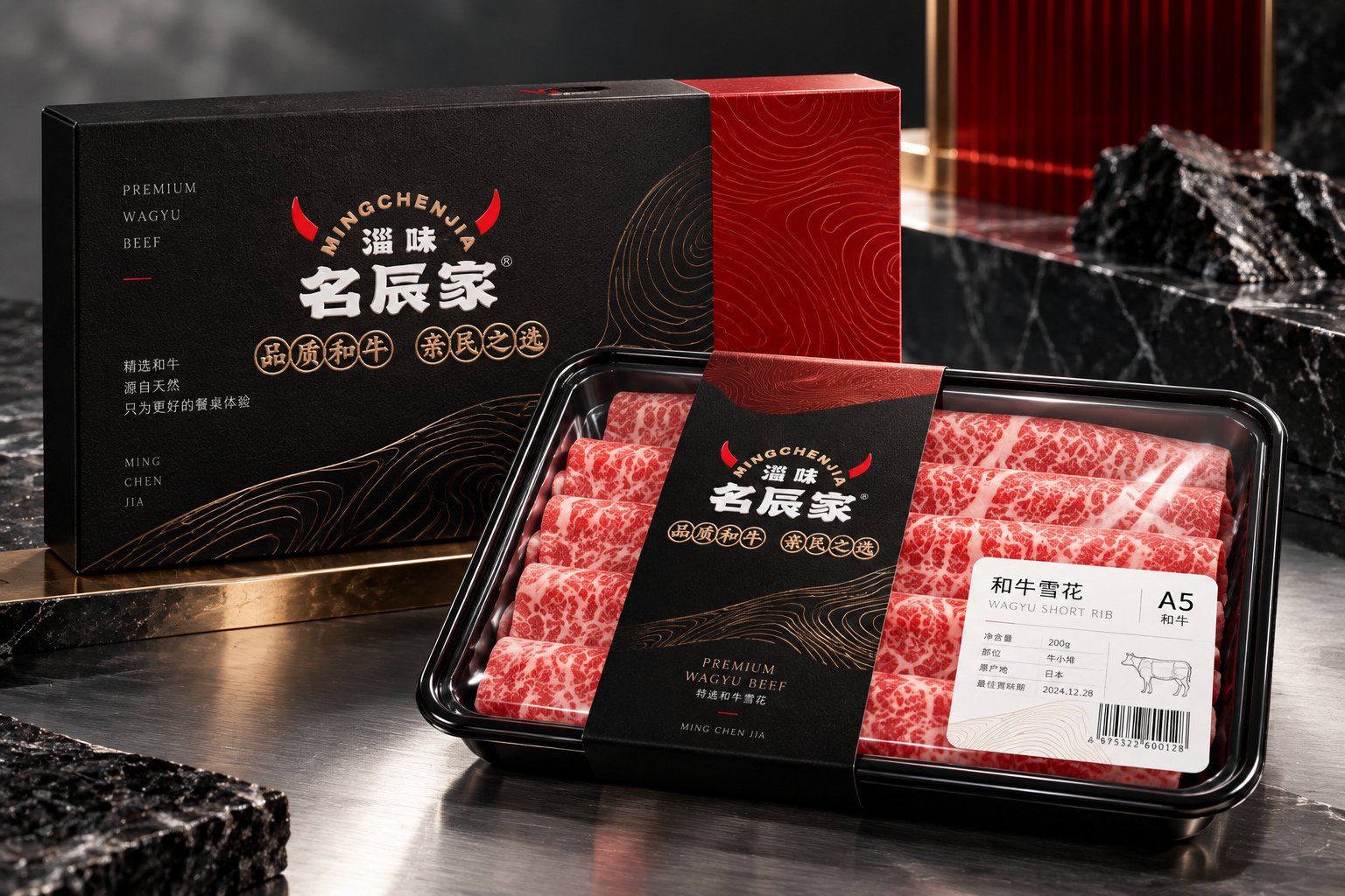 淄味名辰家和牛冷鲜肉托盘、封套与产品标签设计