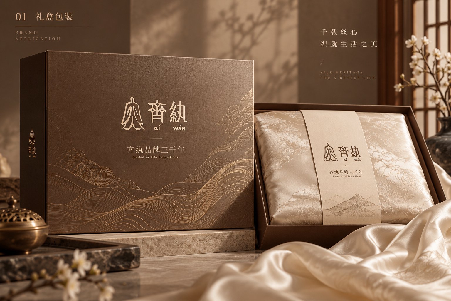 齐纨高端家纺礼盒包装设计,展示品牌标识、山形线稿与丝绸产品包装