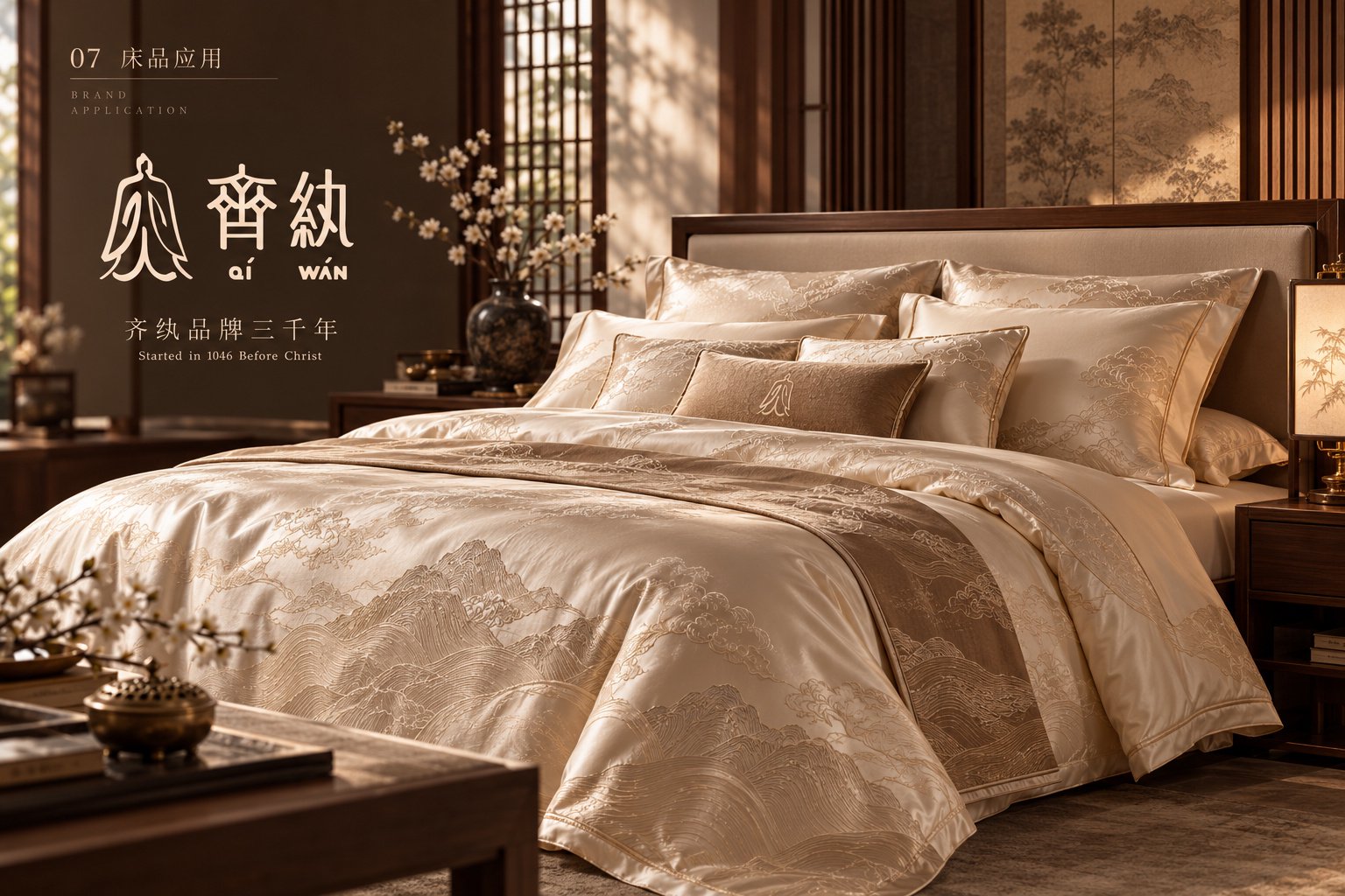 齐纨品牌床品应用效果,展示品牌视觉元素与丝绸床品的组合