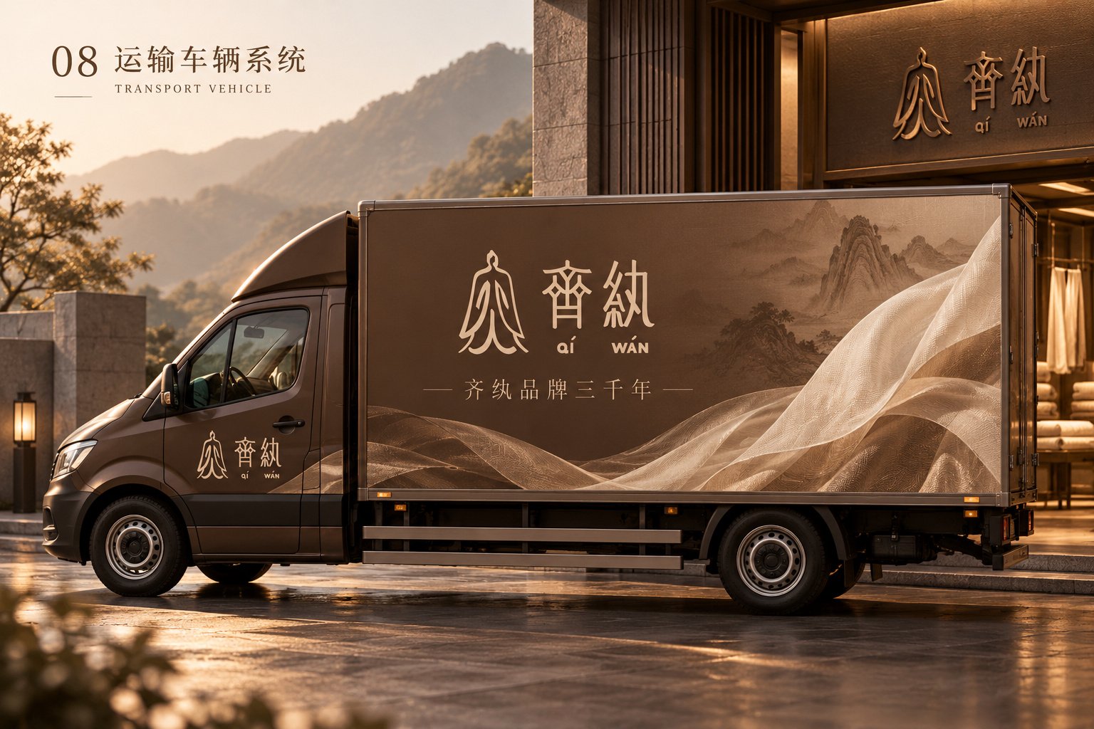 齐纨品牌运输车辆视觉设计,将品牌标识、棕色主视觉与山形图案延展至车身