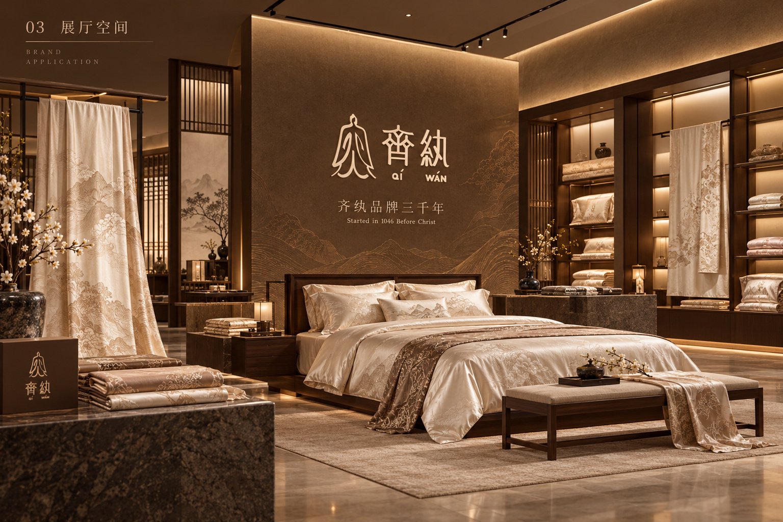 齐纨品牌展厅空间设计,以品牌墙、床品展示和织物陈列构建整体体验