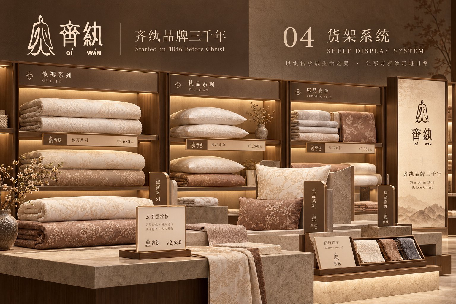 齐纨家纺货架系统设计,展示床品、枕品及织物产品的分区陈列