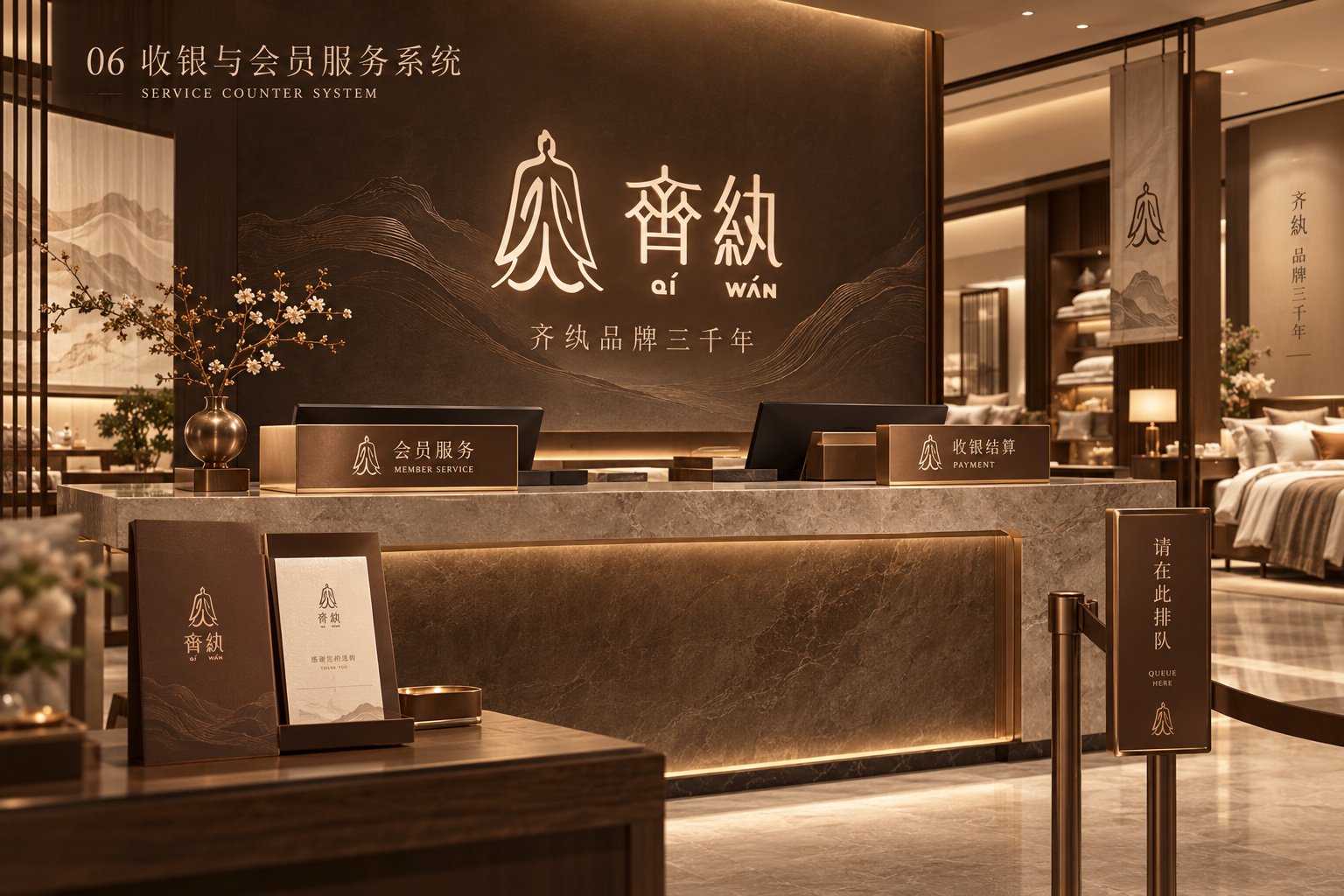 齐纨品牌会员服务台设计,展示深棕色背景、品牌标识与服务指示牌