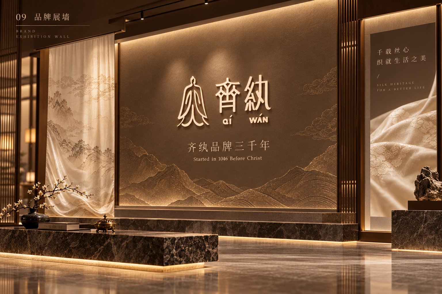 齐纨品牌展示墙设计,以品牌标志、山形线条和暖棕色材质构成视觉中心