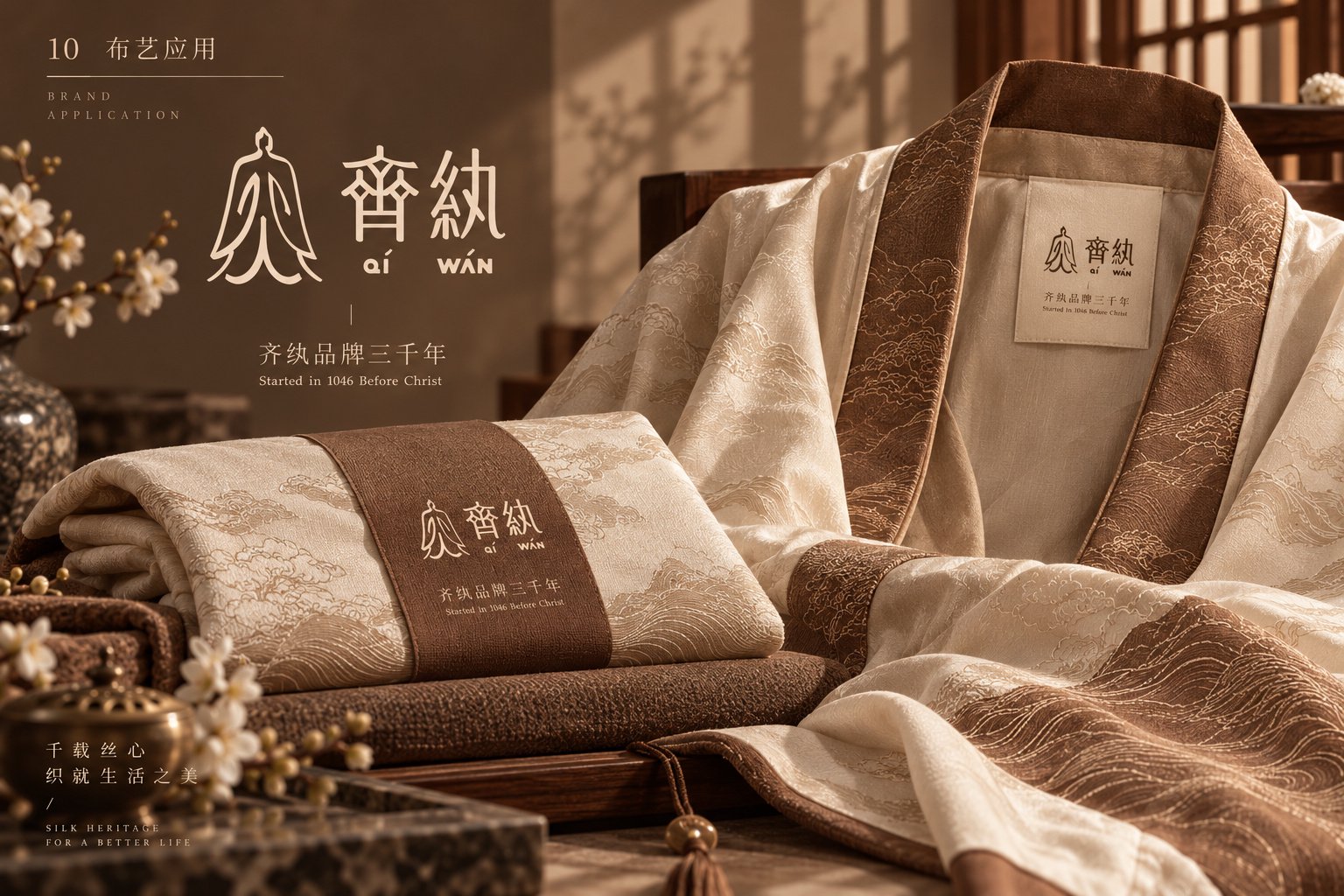 齐纨家纺品牌视觉应用,展示品牌标识与棕米色丝织床品的组合效果