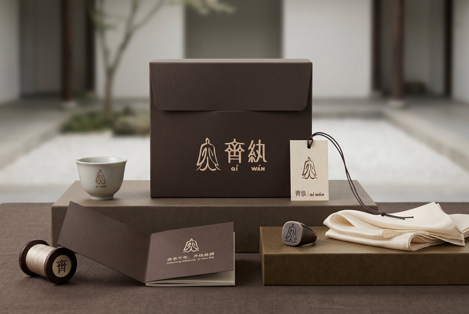 齐纨品牌礼盒与吊牌应用,展示棕色包装盒、品牌标志及家纺配套物料