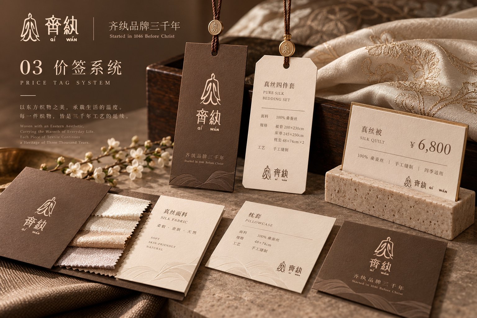 齐纨品牌价签系统设计,展示产品信息、材质标注与品牌视觉规范