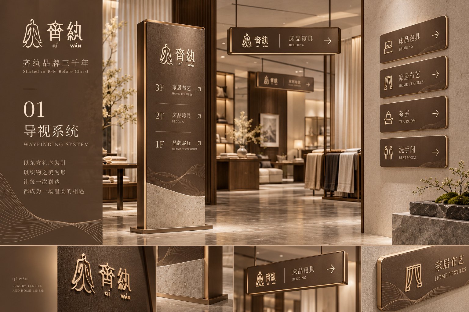 齐纨品牌室内导视设计,展示楼层指引、品类标识与统一的标牌系统
