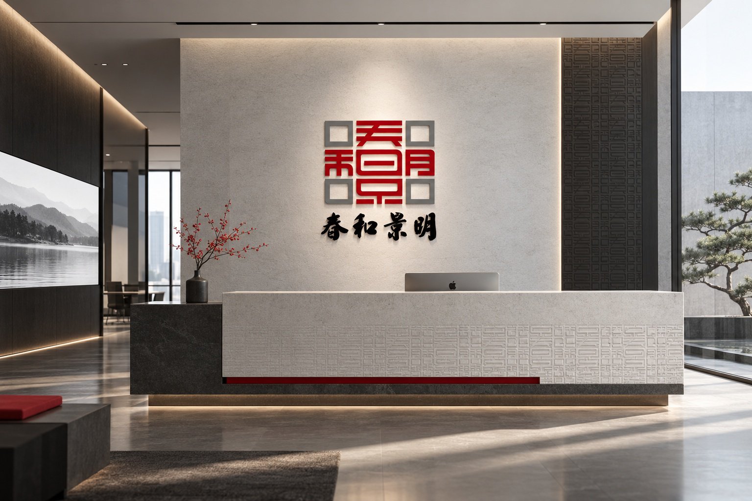 春和景明品牌VI空间形象设计,展示企业前台、立体Logo与室内品牌识别应用
