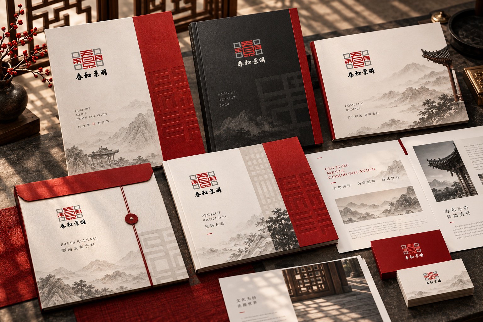 春和景明品牌VI应用设计,包含企业画册、年度报告、项目提案与新闻发布资料
