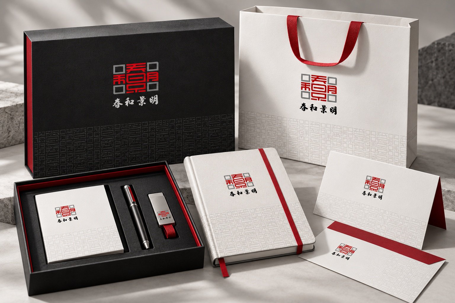春和景明品牌包装与商务礼品VI设计,展示品牌手提袋、礼盒、笔记本及配套物料
