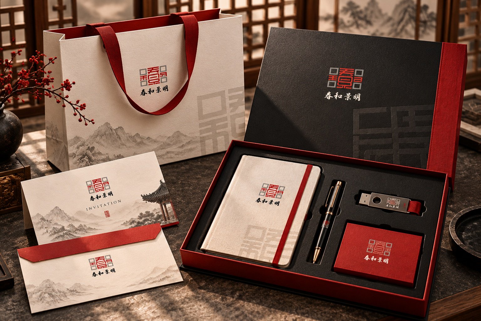 春和景明品牌礼品包装设计,包含品牌手提袋、商务礼盒、笔记本与配套文具