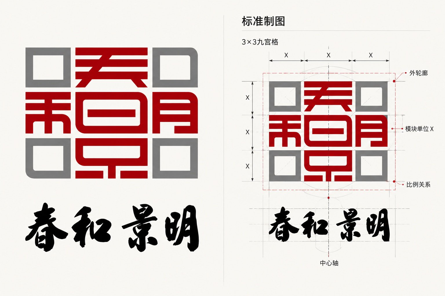 春和景明品牌Logo设计与3×3几何网格标准制图，品度营销策划VI设计案例