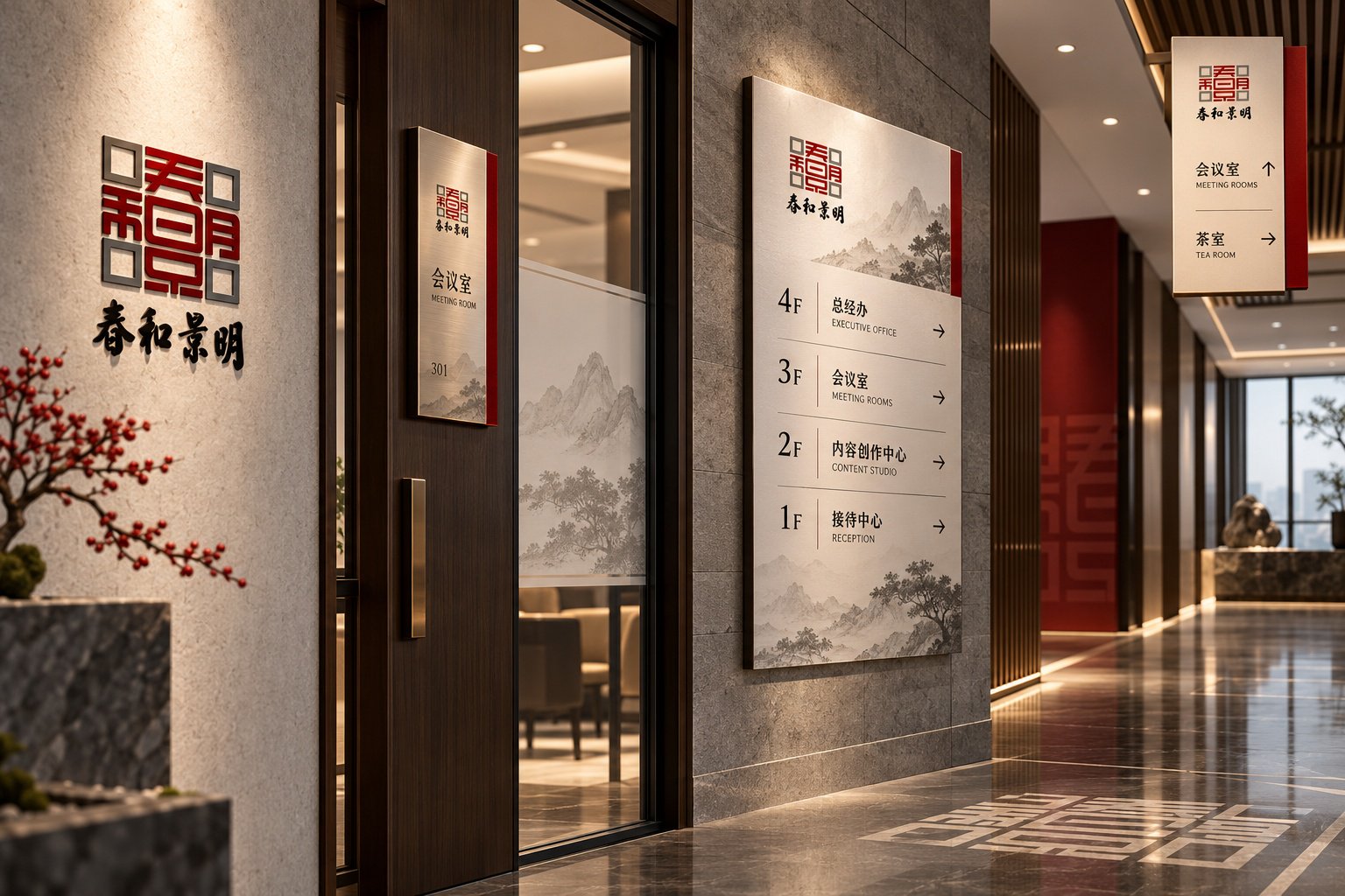 春和景明品牌VI空间应用设计，展示企业标志墙、楼层导视与办公环境标识