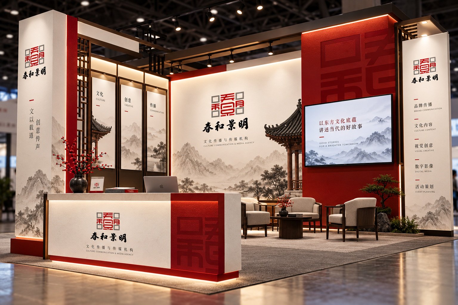 春和景明品牌视觉延展设计，展示红灰配色、品牌形象墙与展览展示空间应用