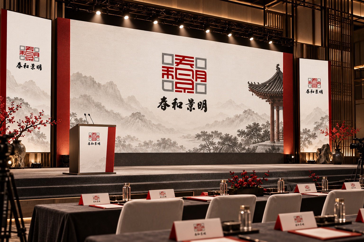 春和景明品牌活动视觉设计，包含会议主背景、品牌标志、讲台与会场物料