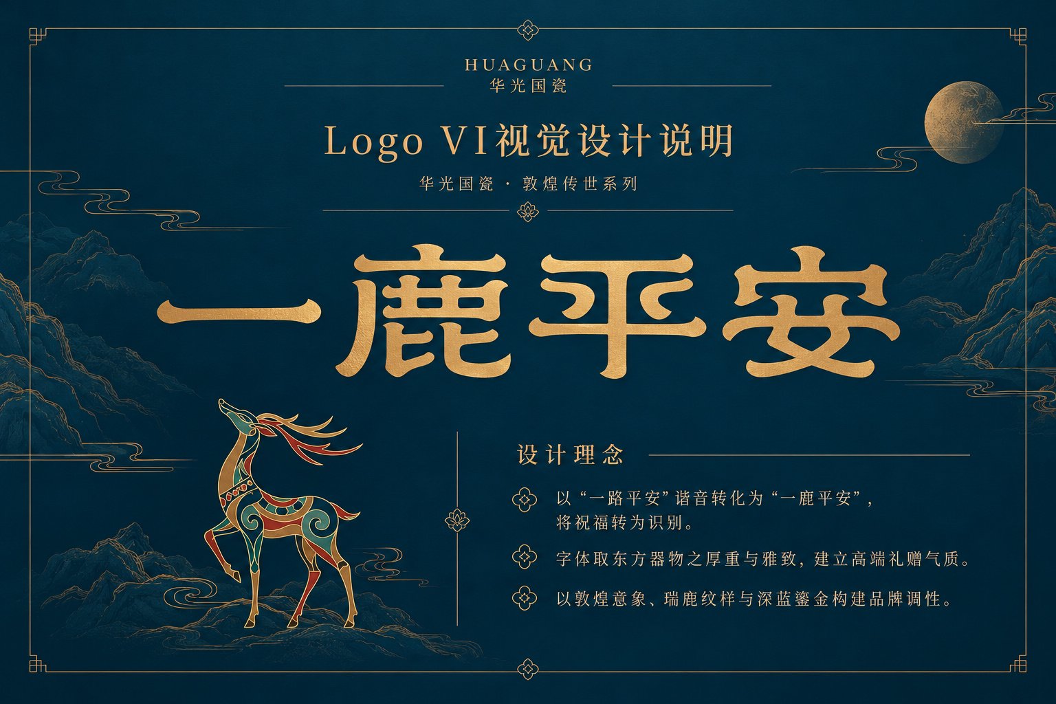 华光国瓷一鹿平安Logo及VI视觉设计说明，展示品牌字标、瑞鹿图形与深蓝鎏金设计理念