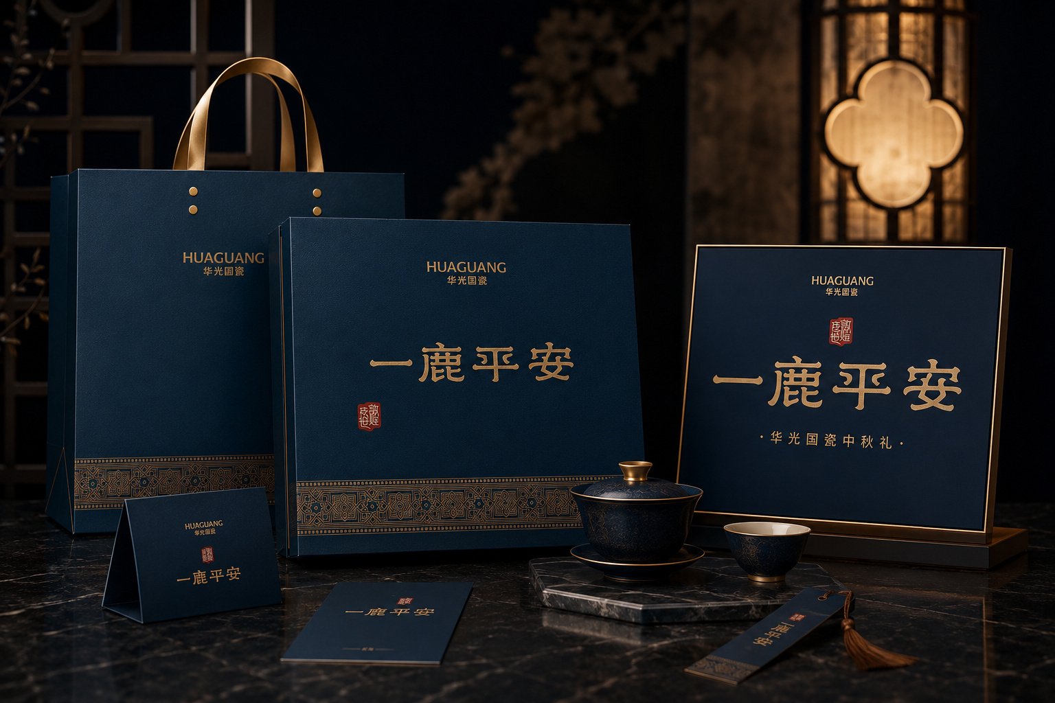 华光国瓷一鹿平安产品展示空间设计，呈现品牌背景墙、陶瓷产品与系列礼盒陈列