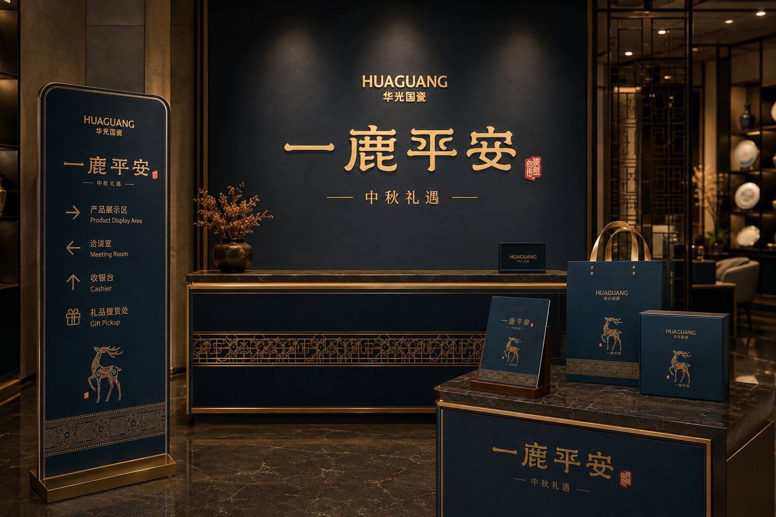 华光国瓷一鹿平安中秋礼赠品牌展示设计，展示瑞鹿主题海报、产品礼盒与展示柜台