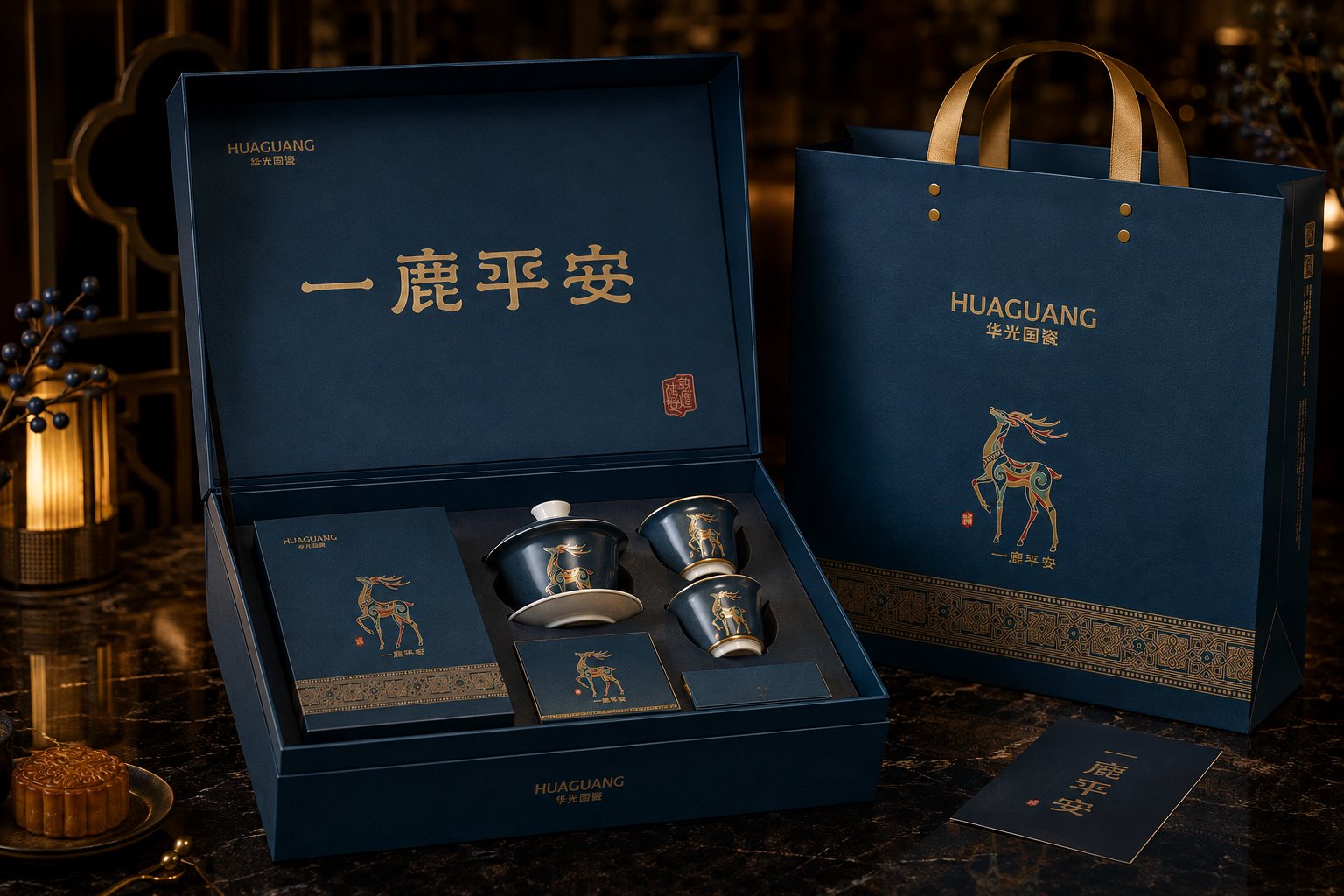 华光国瓷一鹿平安品牌礼赠物料设计，展示邀请卡、信封、礼品袋、吊牌与装饰纹样