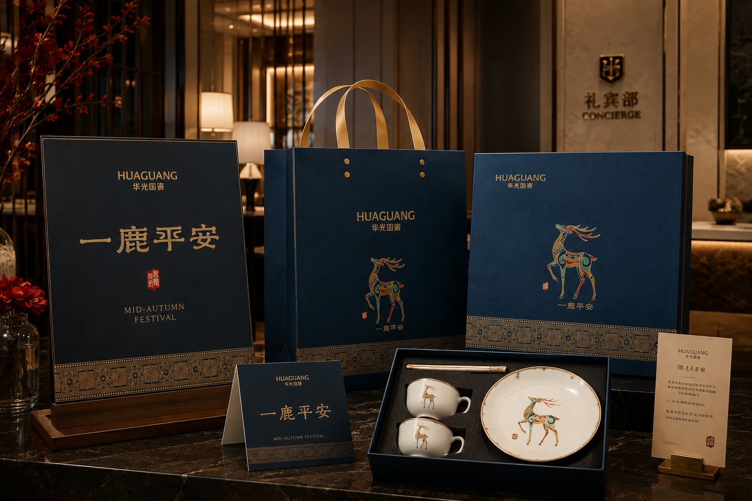 华光国瓷一鹿平安品牌接待与导视应用，呈现品牌背景墙、礼品展示及空间导视系统