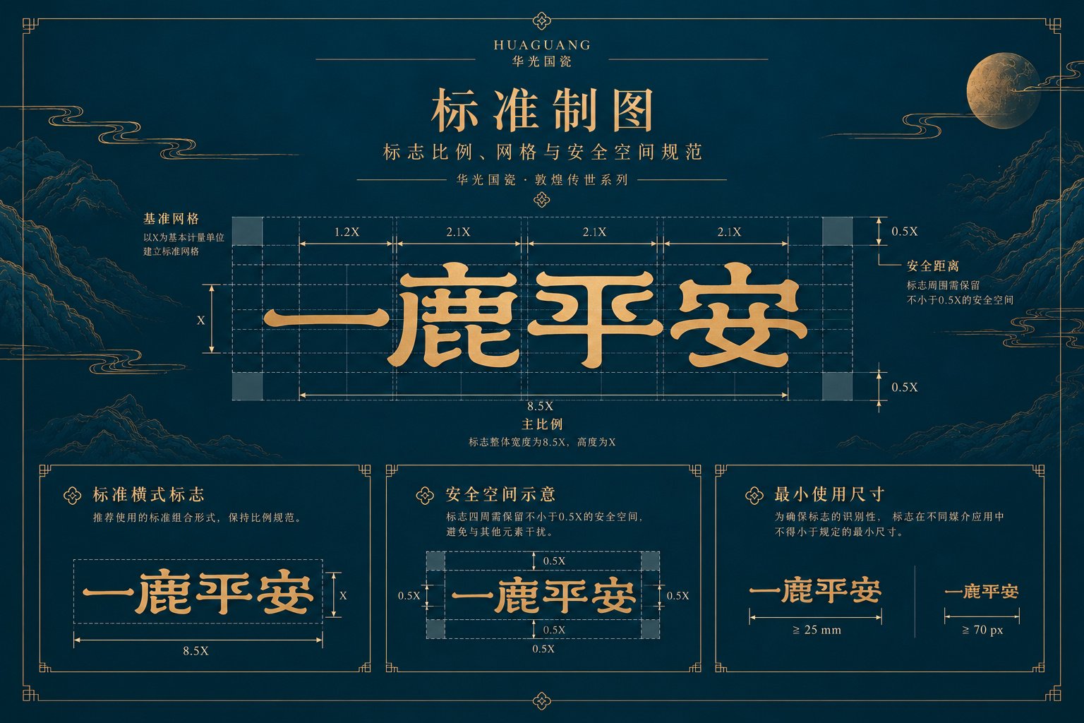 华光国瓷一鹿平安VI标准制图，展示标志比例、基准网格与安全空间规范