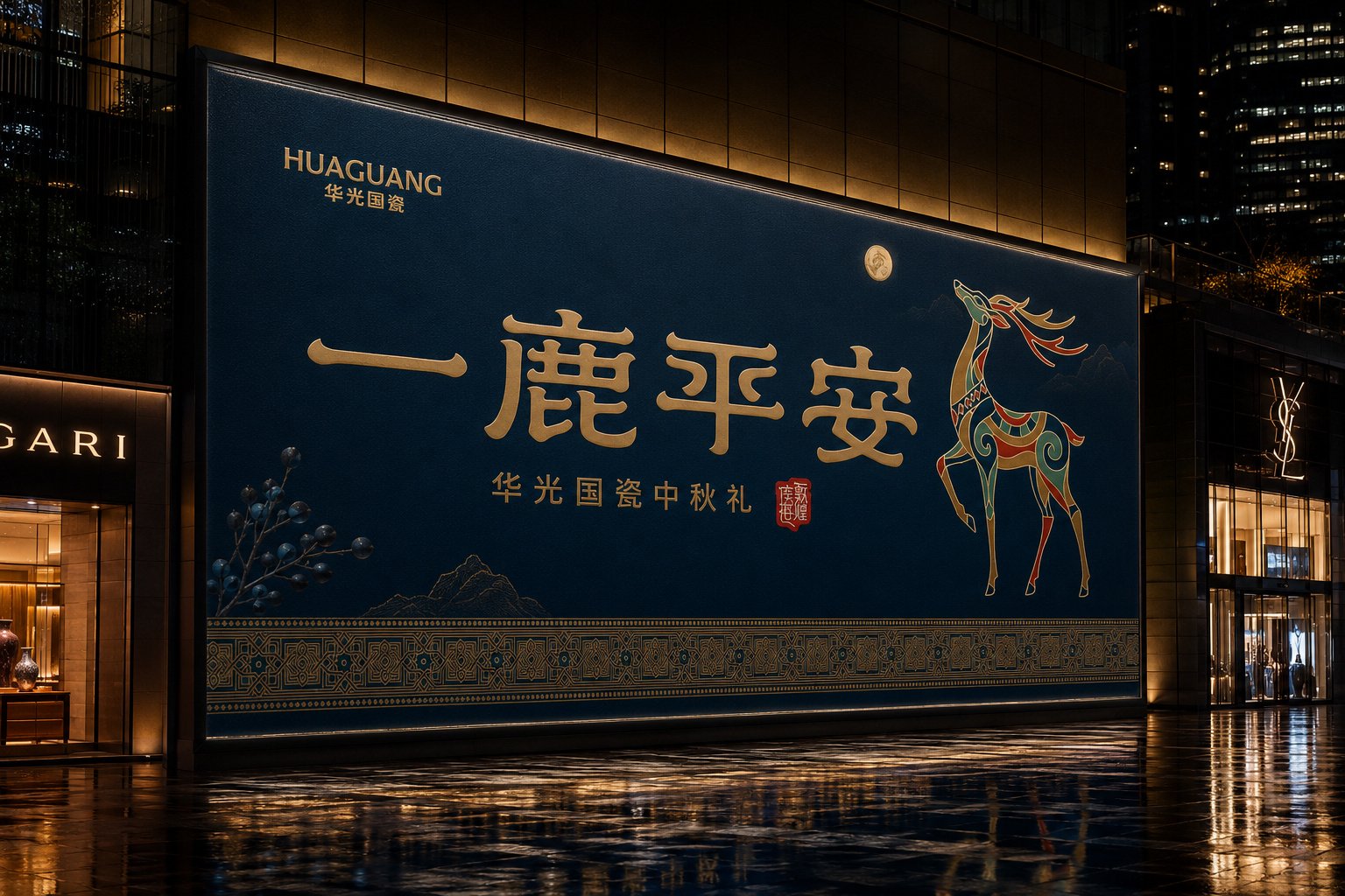 华光国瓷一鹿平安户外广告视觉应用，展示深蓝鎏金主视觉与瑞鹿图形的大型广告牌
